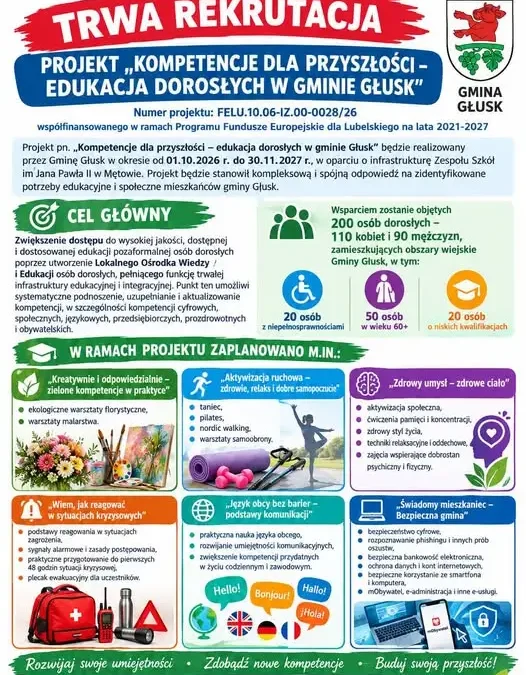 Gmina Głusk: trwa nabór do unijnego projektu „Kompetencje dla przyszłości”