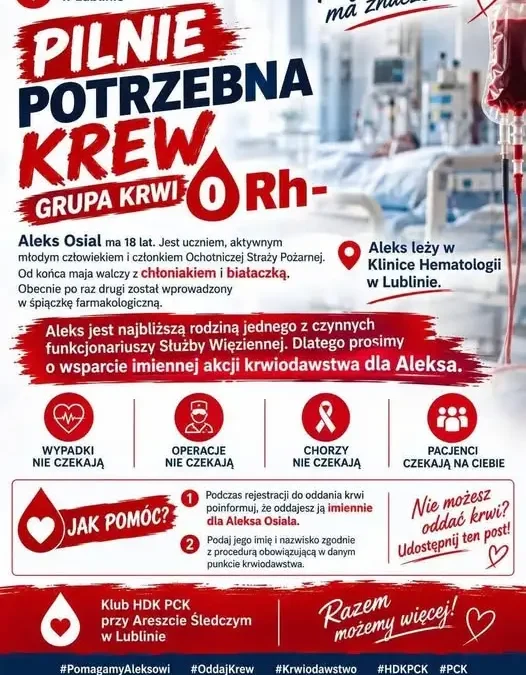 Zbiórka krwi dla druha Aleksa Osiala – włącz się w pomoc