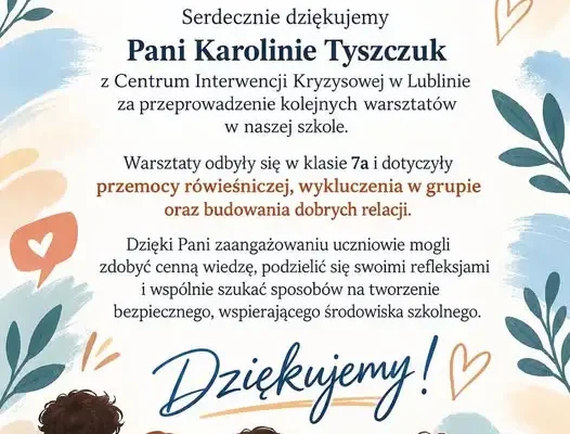 Warsztaty o przemocy rówieśniczej w lubelskiej szkole – podziękowania dla Centrum Interwencji Kryzysowej