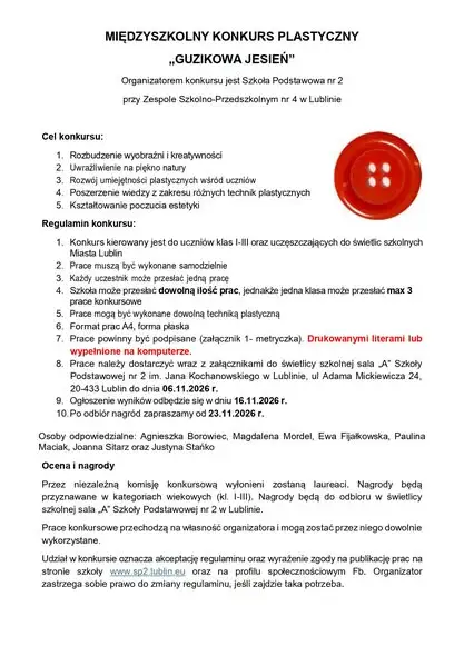 Szkoła Podstawowa nr 2 w Lublinie zaprasza do konkursu plastycznego „Guzikowa jesień”
