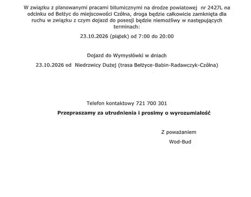 Utrudnienia na drodze Bełżyce–Czółna: całkowite zamknięcie 23 października