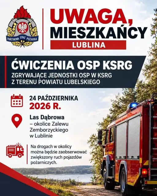 Ćwiczenia strażaków ochotników w Lesie Dąbrowa – utrudnienia w ruchu