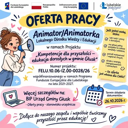 Gmina Głusk szuka animatora lokalnego ośrodka wiedzy i edukacji