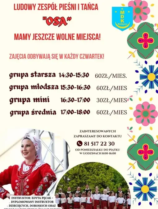 Ludowy Zespół Pieśni i Tańca „OSA” w Bełżycach zaprasza dzieci od 4. roku życia