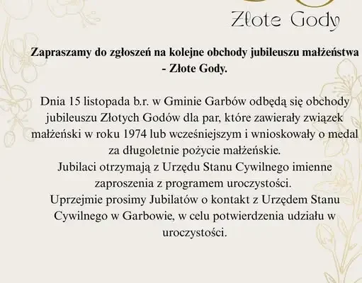 Złote Gody w Gminie Garbów – zaproszenie dla par z 50-letnim stażem