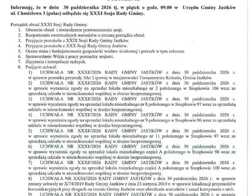 XXXI Sesja Rady Gminy Jastków – 30 października 2026