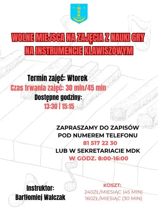 MDK zaprasza dzieci i młodzież na lekcje gry na instrumencie klawiszowym